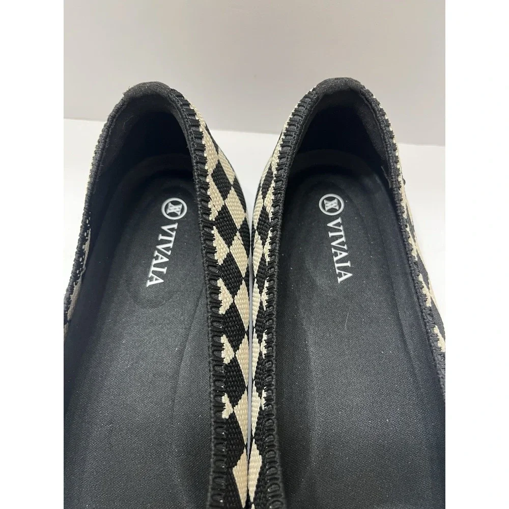 Vavaia Aria 5 Ballet Flats Pointed-Toe Black Cream Checkered Women's 39.5 Knit